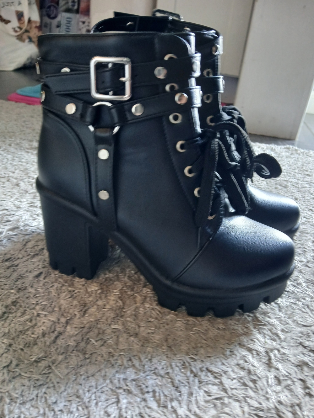 Black Platform Ankle Boots with Buckle Straps - Picture 2 of 5